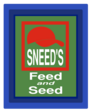 The logo of Sneed's Feed and Seed. It has a red hat with the title of the company on it.